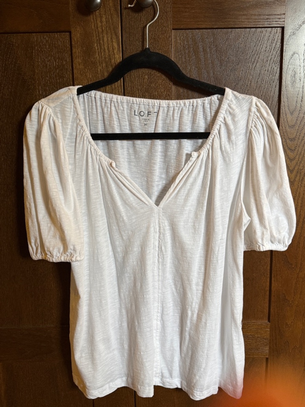 LOFT Cream Short Puff-Sleeve V-Neck Top